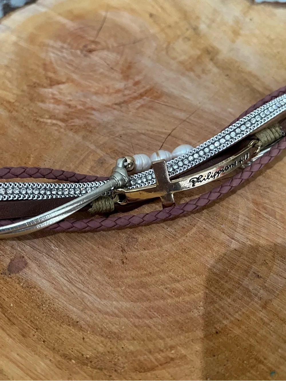 Layered Cross Cuff Bracelet with Rhinestones Pearl Accents Philippians 4:13